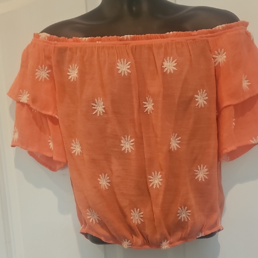 Coral Off-Shoulder Top with Floral Embroidery